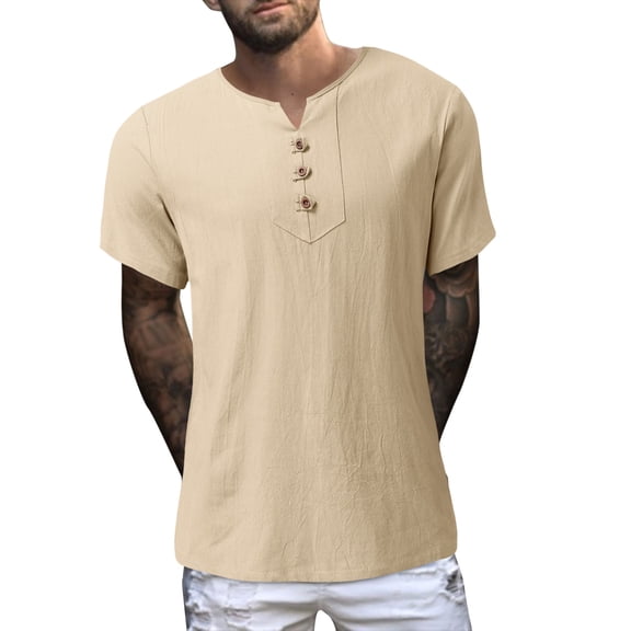 Bcfgryg Men Summer Solid Color Cotton And Linen Short Sleeve V Neck Button T Shirts Men Shirts Yellow