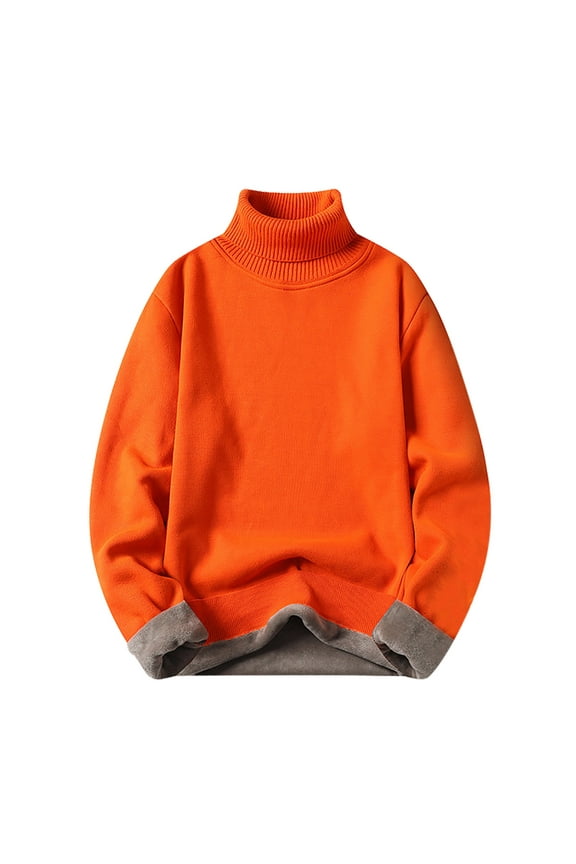 Men's Autumn And Winter Solid Color High Neck Warm Knitted Sweater Men Sweaters Orange M