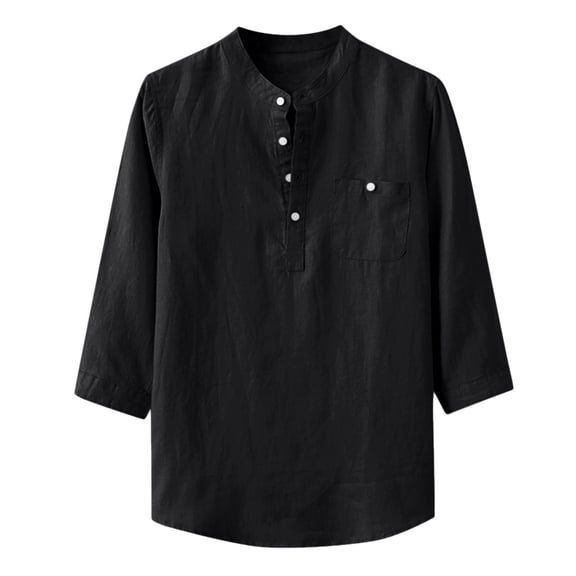 Bcfgryg Men's Baggy Cotton Linen Solid Three Quarter Sleeve Pocket Stand Collar Shirts Men Shirts Black