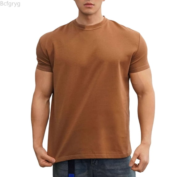 Bcfgryg Men's Basketball Autumn Running Training Stretch Sports T Shirt Round Neck Muscle Men Solid Color T Shirt Short Sleeve Mens Athletic Fit T Shirts Brown XXL