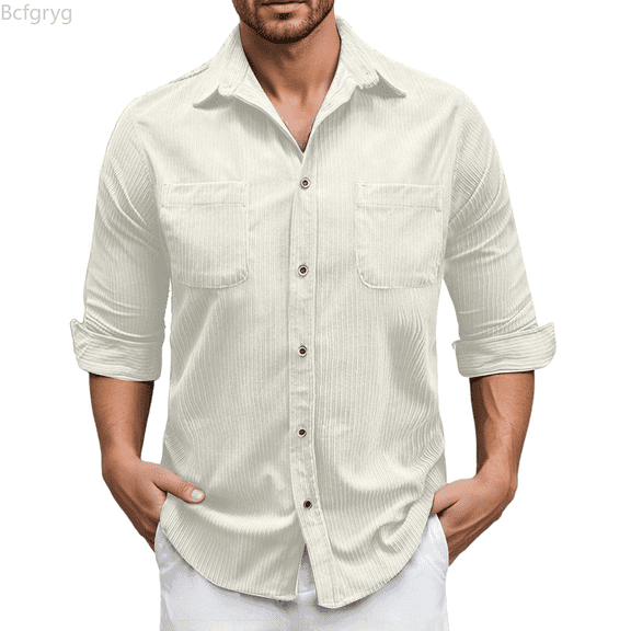 Bcfgryg Men's Casual Corduroy Shirt Long Sleeve Slim Fit Solid Color Button Down Shirt With Chest Pocket For Daily Wear Autumn Winter Men Shirts Casual White L