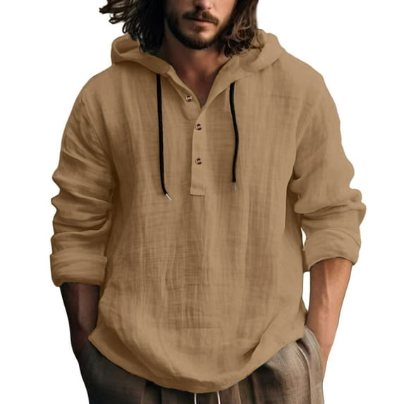 Bcfgryg Men's Casual Linen Hooded Shirt Long Sleeve Button Up T Shirt Comfortable Beach Yoga School Party Wear Versatile Basic Solid Color Top For All Seasons Business Shirts Men