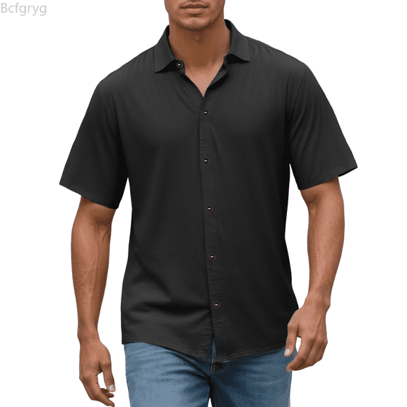 Bcfgryg Men's Casual Short Sleeve Linen Shirt Slim Fit Button Down Shirt Breathable Comfortable Summer Shirt For Daily Wear Men Shirts Casual Black L