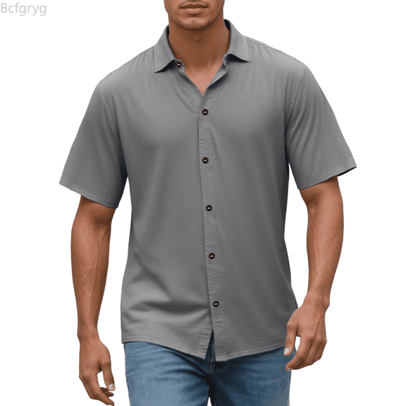 Bcfgryg Men's Casual Short Sleeve Linen Shirt Slim Fit Button Down Shirt Breathable Comfortable Summer Shirt For Daily Wear Men Shirts Casual Gray L