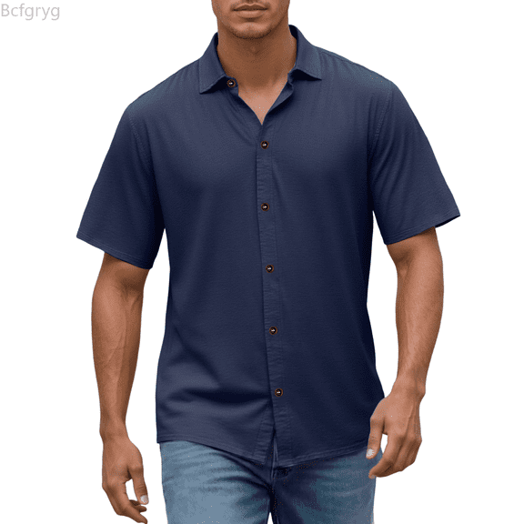 Bcfgryg Men's Casual Short Sleeve Linen Shirt Slim Fit Button Down Shirt Breathable Comfortable Summer Shirt For Daily Wear Men Shirts Casual Blue XXL