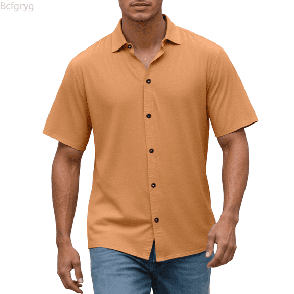 Bcfgryg Men's Casual Short Sleeve Linen Shirt Slim Fit Button Down Shirt Breathable Comfortable Summer Shirt For Daily Wear Men Shirts Casual Orange L