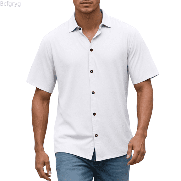 Bcfgryg Men's Casual Short Sleeve Linen Shirt Slim Fit Button Down Shirt Breathable Comfortable Summer Shirt For Daily Wear Men Shirts Casual White XL