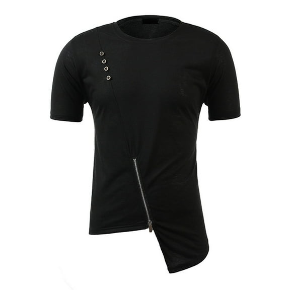 Bcfgryg Men's Casual Solid Color Button Up T Shirt Zipper Personality Irregular Short Sleeve Men T-shirts