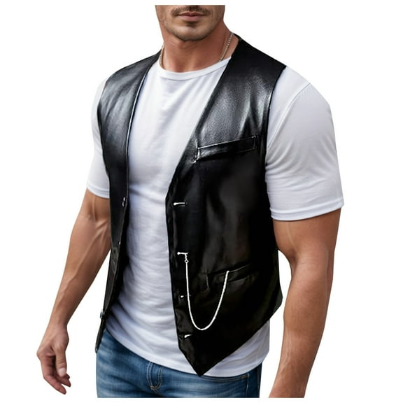Bcfgryg Men's Casual Style Black PU Slim Sleeveless Vest Jacket Lightweight Men's Jacket For Hiking Black L