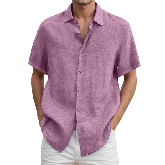 Bcfgryg Men's Casual Summer Button Up Linen Shirt For Everyday Wear Loose Fit Solid Color Design For Spring Summer And Fall MenâS Casual Shirts Pink