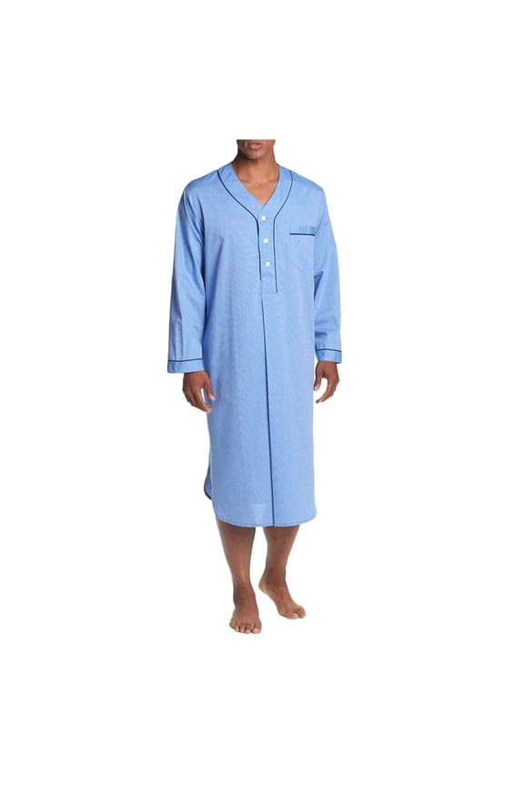 Men's Cotton Nightshirt Thin Long Sleeve Neck Button Long Sleepwear Soft Nightgown for Sleeping Sleep Shirt Blue