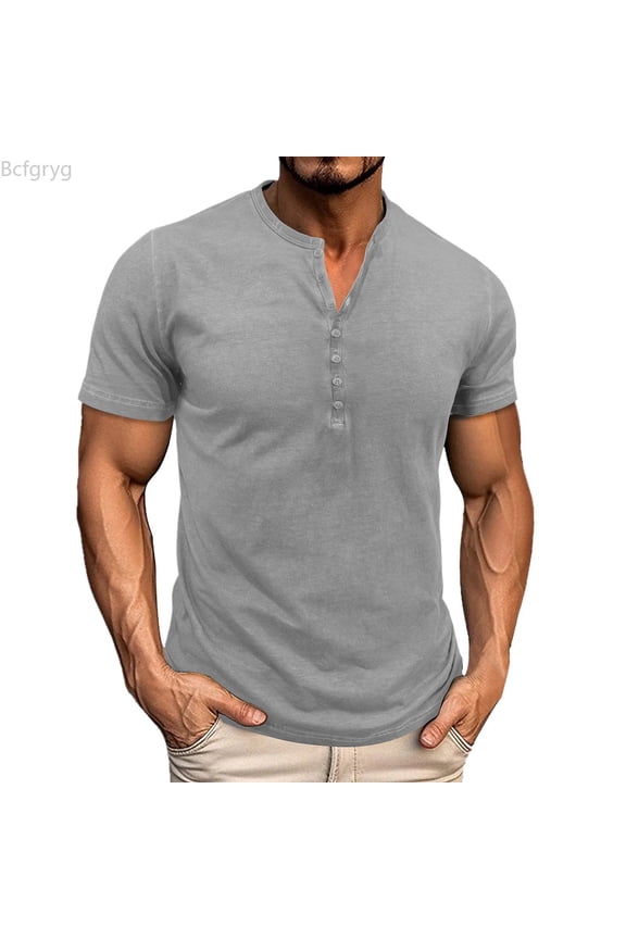 Men's Fashion Short Sleeve Button Color T Shirt Round Neck Tough Guy Base Top T Shirts for Men Gray L