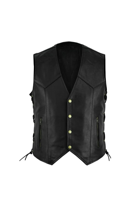 Men`s Faux Leather Vest Adjustable Lace Up Sides Motorcycle Biker Sleeveless Jacket Waistcoat Black M