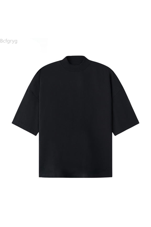 Men's Half High Neck T Shirt Short Sleeve Heavyweight Loose Falling Shoulder Minimalist Solid Color Fine T Shirts for Men Black XL