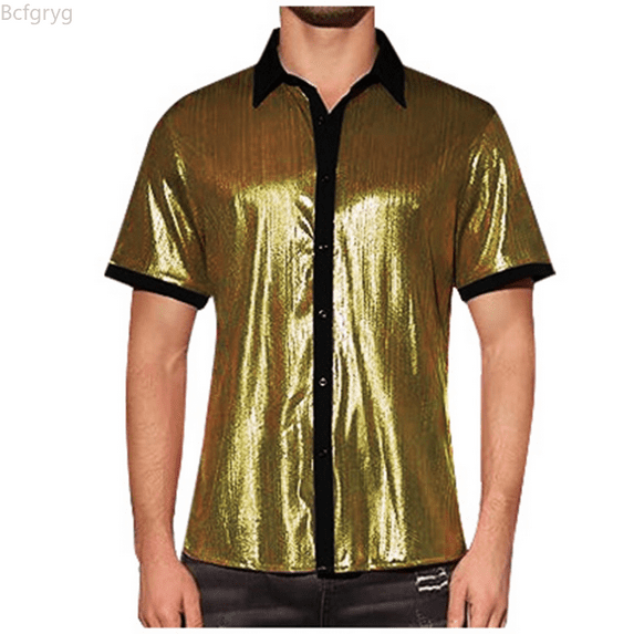 Bcfgryg Men's Lapel Bright Short Sleeve Shirt Men's Casual Men's Wear Big and Tall Shirts Gold L