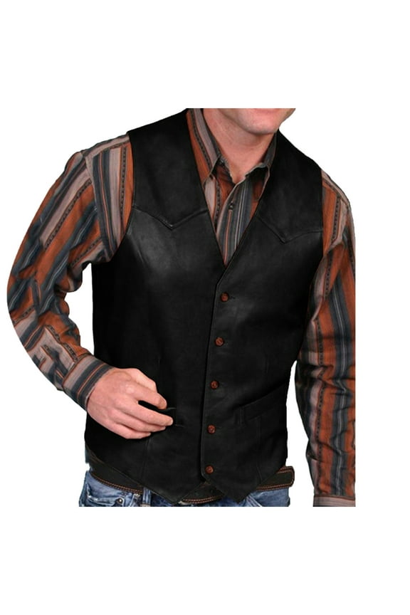 Men's Leather Vest Cowboy Vest Slim Fit Sleeveless V Neck Waistcoat Casual Black