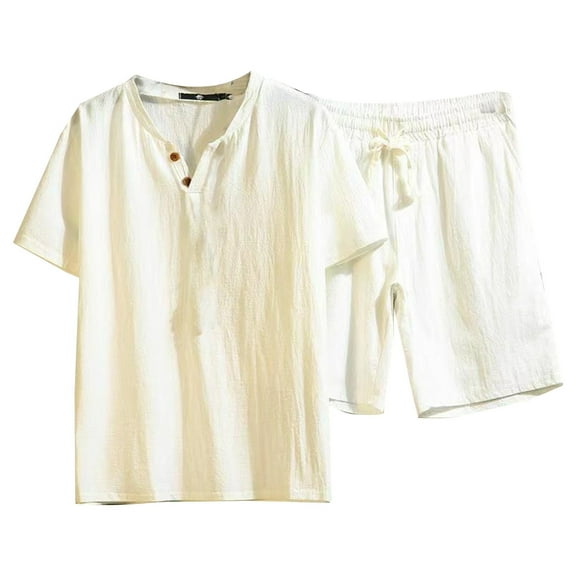 Bcfgryg Men's Linen Short Sleeve Shirt And Shorts Set Summer Casual Sports Two Piece Outfit For Active Men’s Outfit Sets