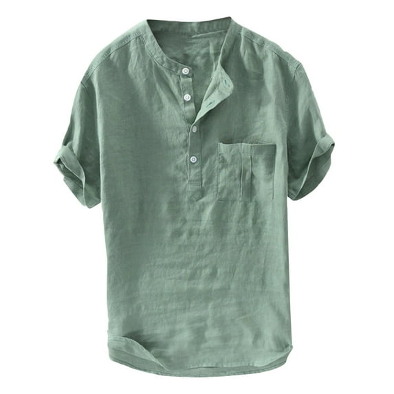 Bcfgryg Men's Linen Short Sleeve Shirts Cotton Casual Lightweight Button Down Shirt Beach Vacation Summer Tops with Pocket Green