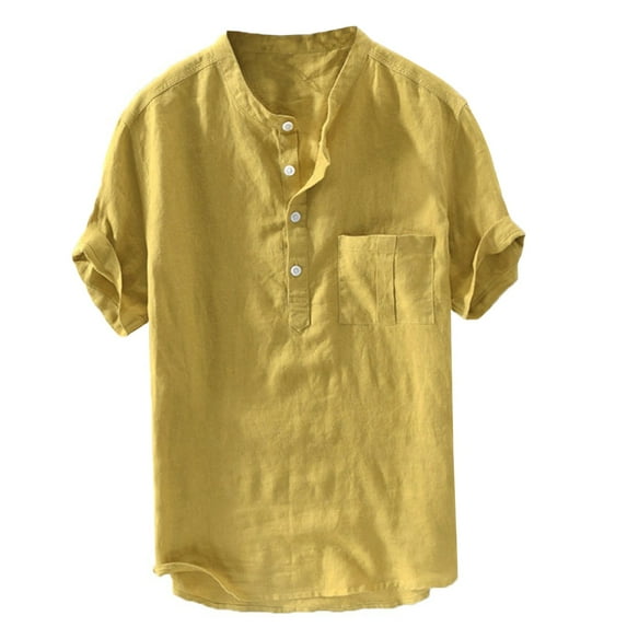 Bcfgryg Men's Linen Short Sleeve Shirts Cotton Casual Lightweight Button Down Shirt Beach Vacation Summer Tops with Pocket Yellow