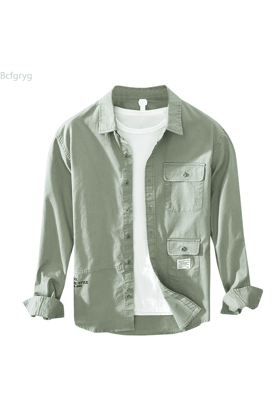 Men's Long Sleeve Lapel Solid Colour Cuffs With Buttons Casual Style Shirt Men Shirts Casual Green M