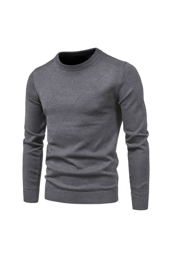 Men's Long Sleeve Solid Color Check Round Neck Knit Base Layer Top Mens Knit Sweater Gray L
