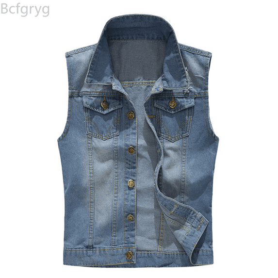 Bcfgryg Men's New Fashion Denim Vest Casual Cowboy Jacket In Shoulder Blouse Western Shirts Blue L