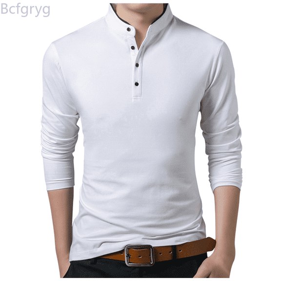 Bcfgryg Men's New Fashion Standing Collar Men's Long Sleeve T-shirt Pure Blouse Top Big and Tall Shirts White XXL
