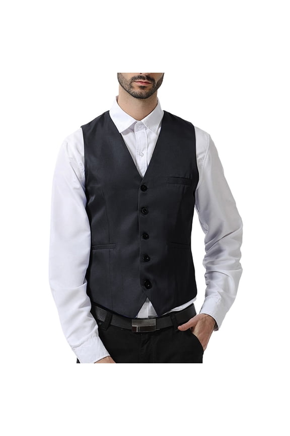 Men's New Style Business Pure V-Neck Vest Fashion Groom's Formal Vest Big and Tall Shirts Black M