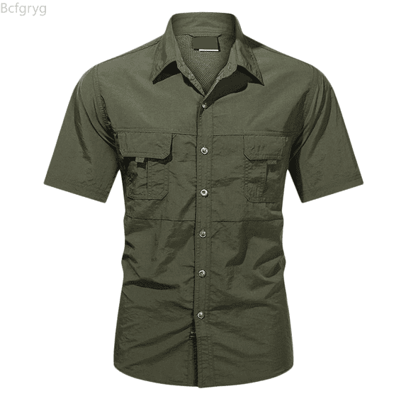 Bcfgryg Men's Outdoor Shirt Loose Fit Breathable Hiking Shirt With Pockets Summer Short Sleeve Casual Mountaineering Top Men Shirts Casual Green L