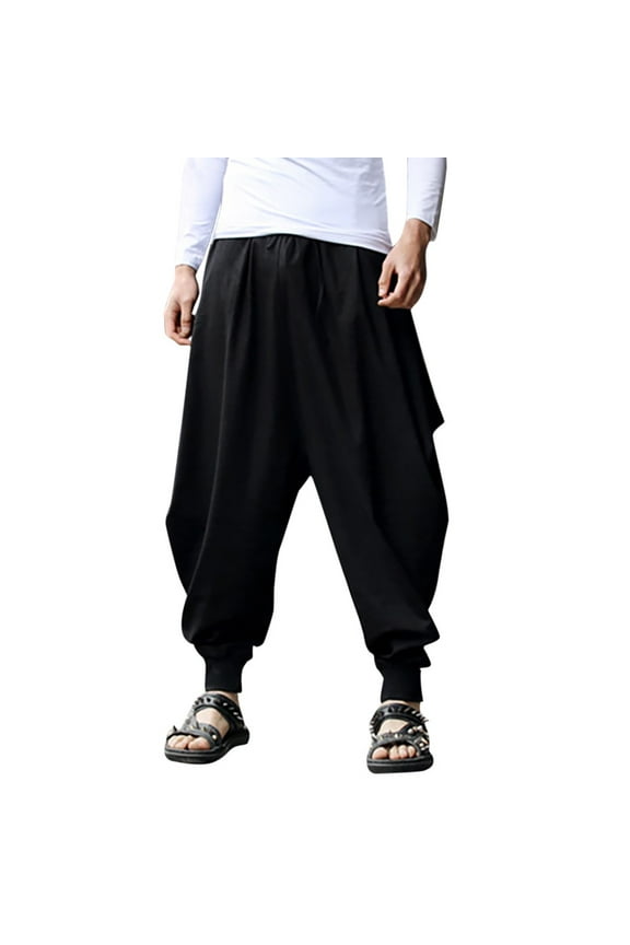 Men's Pants Cotton Linen Festival Baggy Solid Trousers Retro Gypsy Pants Casual Pants for Men
