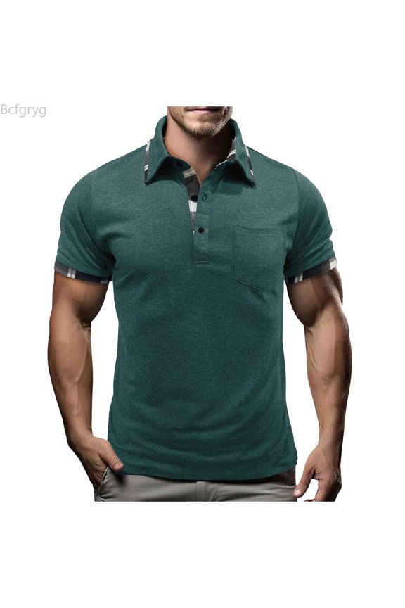 Men's Patchwork Button Lapel Men Casual Trend Business Comfortable Loose Short Sleeved Shirt T Shirts for Men Green M