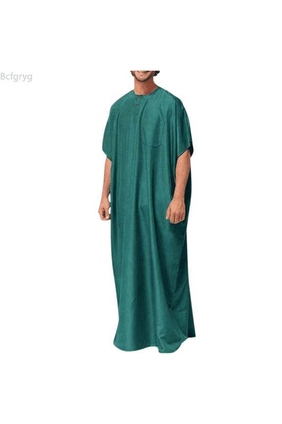 Men's Pocket Button Neck Casual Long Round Sleeve Solid Robe Jubba Thobe Men's Blouse Big and Tall Shirts Green XXXXL