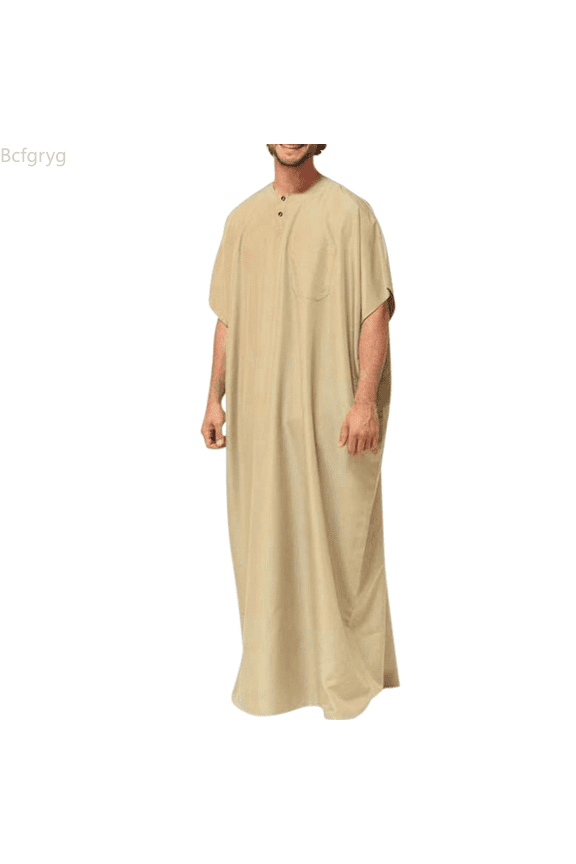 Men's Pocket Button Neck Casual Long Round Sleeve Solid Robe Jubba Thobe Men's Blouse Big and Tall Shirts Yellow XXXXL