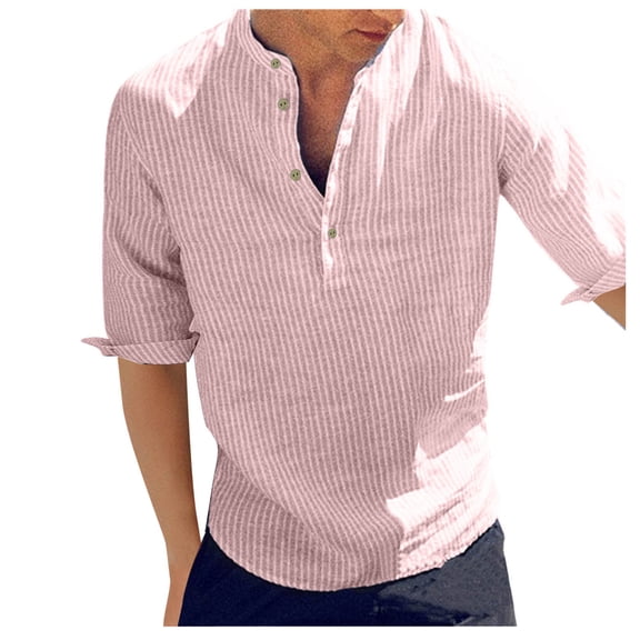 Bcfgryg Men's Print Stripe Lapel Jacket Half-sleeved Button Cardigan Casual Loose Shirt Men’S Formal Dress Shirts Pink