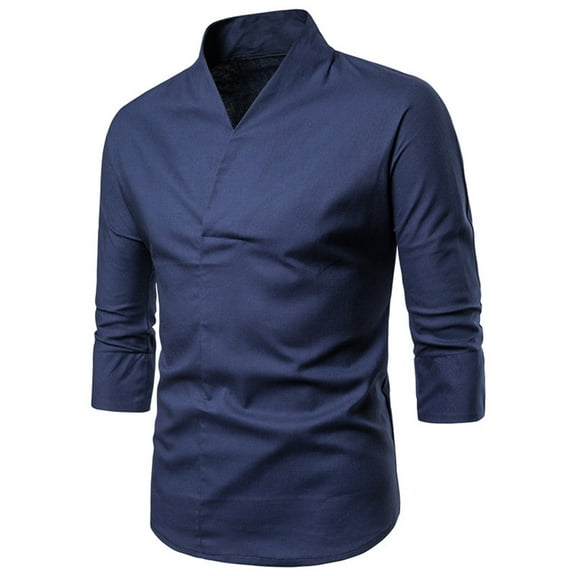Bcfgryg Men's Retro casual fashion solid color linen slim middle sleeve T-shirt Dress Shirts For Men Blue