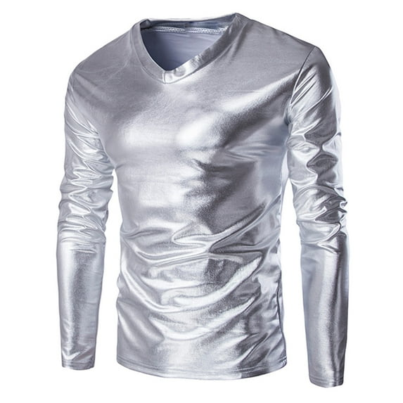 Bcfgryg Men's Shiny Metallic V-Neck Short Sleeve T-Shirt for Nightclub Silver