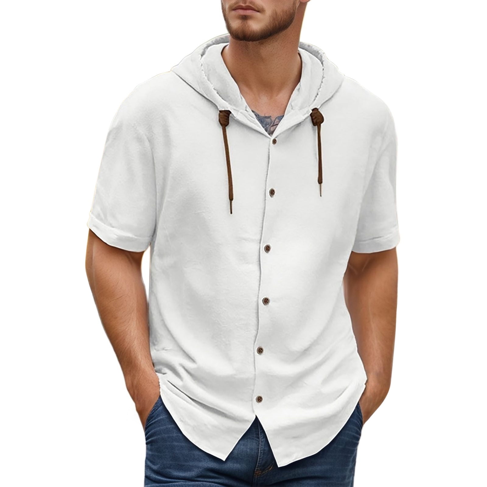 Bcfgryg Men's Short Sleeve Hoodie Shirt Casual Solid Color Open ...