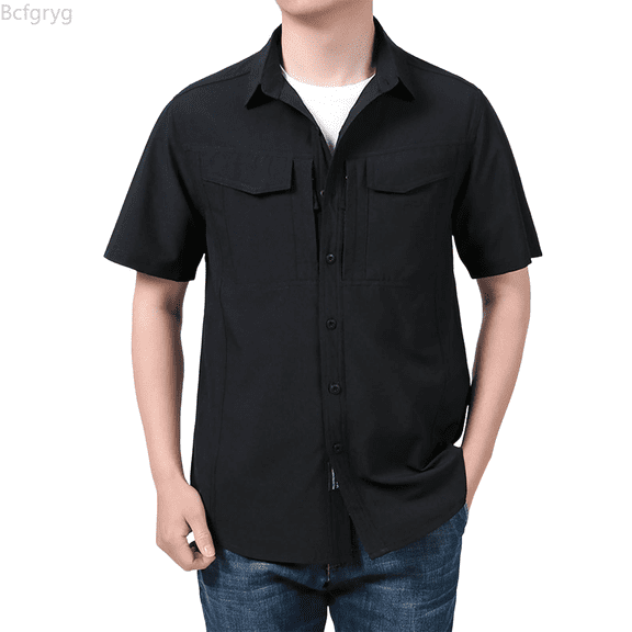 Bcfgryg Men's Short Sleeve Shirt Casual Loose Solid Workwear Summer Shirt Men Shirts Casual Black M