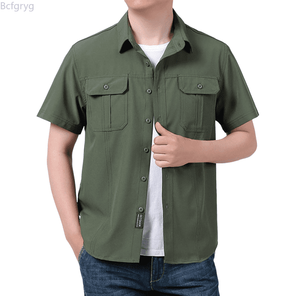 Bcfgryg Men's Short Sleeve Shirt Casual Loose Solid Workwear Summer Shirt Men Shirts Casual Green XL