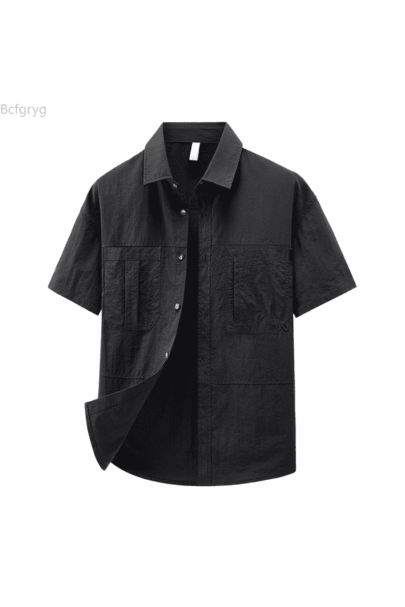 Men's Short Sleeve Shirt Nylon Casual Workwear Button Down Shirt With Multiple Pockets Loose Fit For Spring Summer Fall Daily Wear Big and Tall Shirts Black M