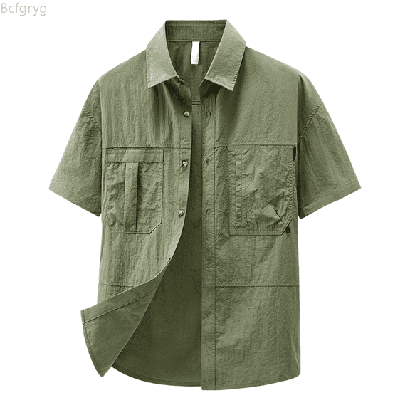 Bcfgryg Men's Short Sleeve Shirt Nylon Casual Workwear Button Down Shirt With Multiple Pockets Loose Fit For Spring Summer Fall Daily Wear Big and Tall Shirts Green XXXXL