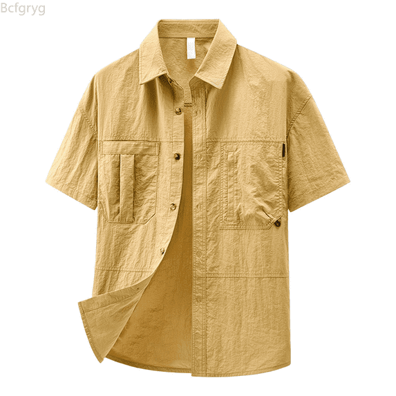 Bcfgryg Men's Short Sleeve Shirt Nylon Casual Workwear Button Down Shirt With Multiple Pockets Loose Fit For Spring Summer Fall Daily Wear Big and Tall Shirts Yellow L