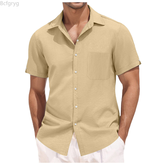 Bcfgryg Men's Short Sleeve Shirt Summer Casual Solid Hawaii Beach Holiday Shirts Men Shirts Casual Yellow S