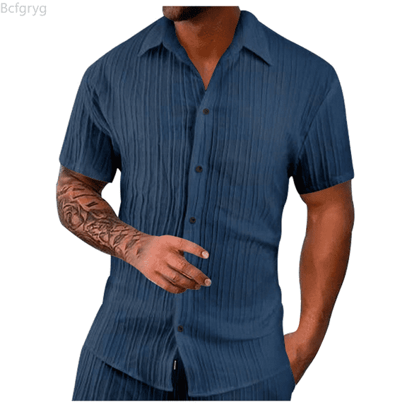 Bcfgryg Men's Short Sleeve T Shirt Casual Button Solid Holiday Beach Shirts Tops Men Shirts Casual Blue XL