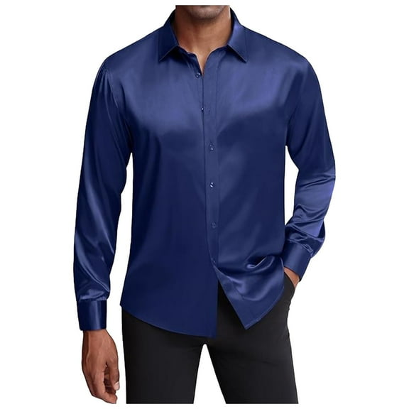 Bcfgryg Men's Silk Satin Dress Shirts Long Sleeve Button Up Shirts Party Prom Wedding Shirt Blue