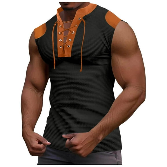 Bcfgryg Men's Sleeveless Patchwork Vest Tops Casual Popularity Garment Mens Lacing Vest Men's Work Vest