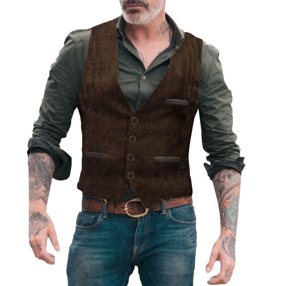 Bcfgryg Men's Solid Color Buttoned Suit Vest Herringbone Pattern Fashion Casual Vest Pocket V Neck Trendy Western Vest Jacket Men's Vest