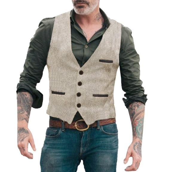 Bcfgryg Men's Solid Color Buttoned Suit Vest Herringbone Pattern Fashion Casual Vest Pocket V Neck Trendy Western Vest Jacket Men's Vest