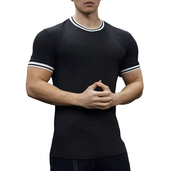 Bcfgryg Men's Solid Color Stripe Stretch Sports T Shirt Sports Semi Tight Fitness Short Sleeve Men T-shirts