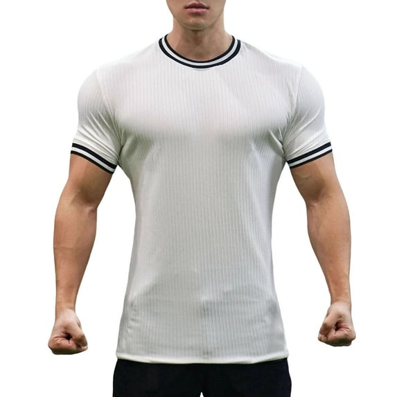 Bcfgryg Men's Solid Color Stripe Stretch Sports T Shirt Sports Semi Tight Fitness Short Sleeve Men T-shirts